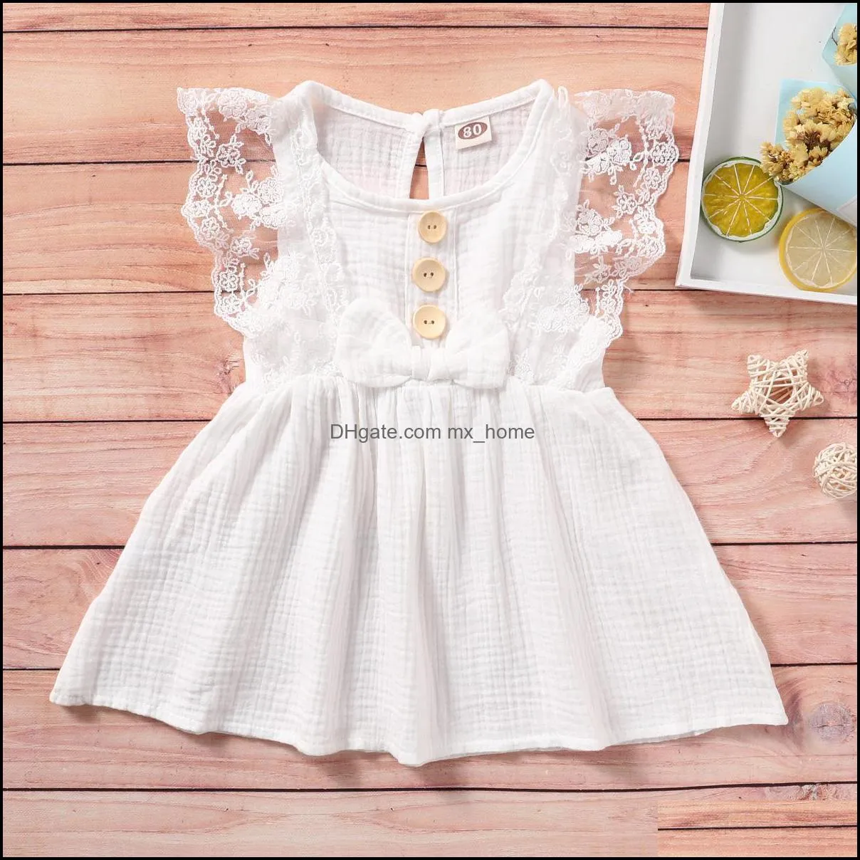 INS Linen Cotton Kids Girls Dresses Short Lace Sleeve Blank Front Button A-line Children Boutique Clothes