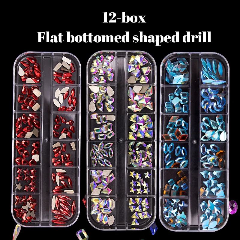 12Grid Akrilik CRASTAL Nail Art Rhinestones Set Flatback Düz Dipli Elmas AB Çivi Süslemeleri Tasarım Manikür Araçları Aksesuarları NAR021 Kutu Paketi