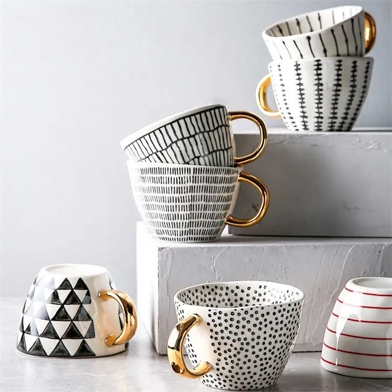 Ręcznie malowane geometryczne kubki ceramiczne ze złotym uchwytem ręcznie nieregularne kubki do kawy herbaty mleka płatki owsiane kreatywne prezenty urodzinowe 220311