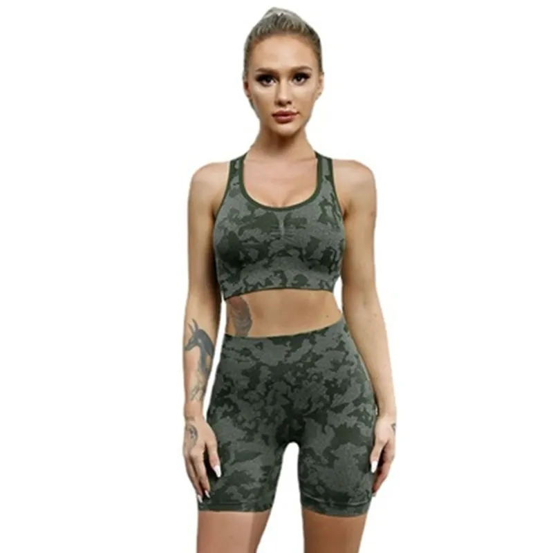 Kvinnor Anpassa Camo Seamless High Waist Booty Gym S Workout Fitness Ribbed Midja Running Korta Atletisk Kläder