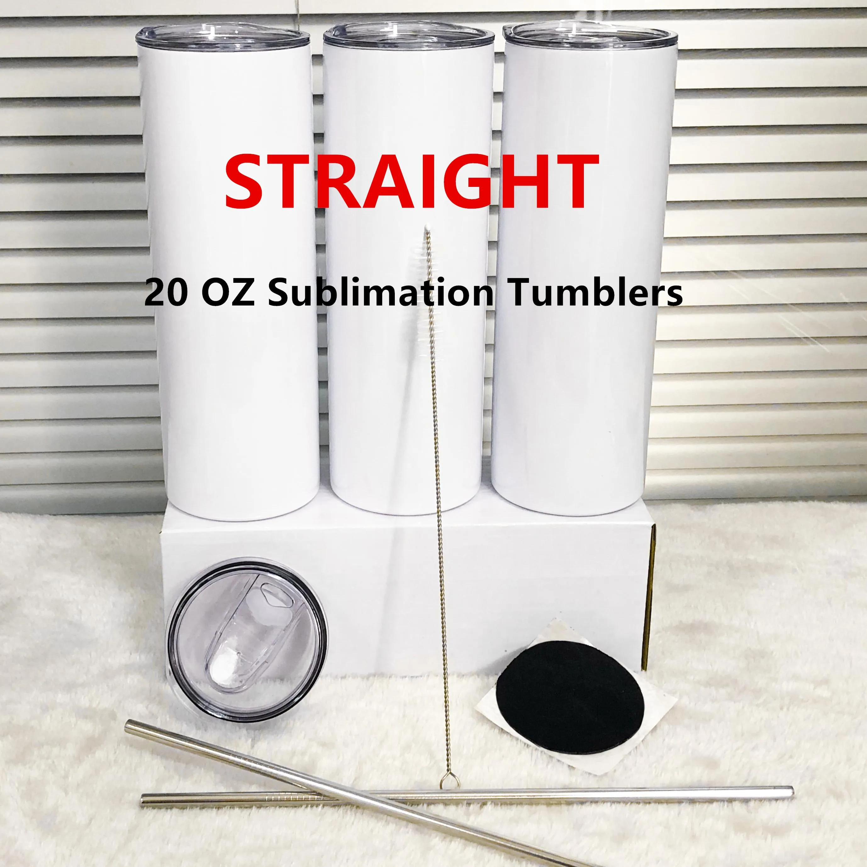 US Warehouse!!! 20oz Sublimartion Straight tumblers with Steel Straw Lid Stainless Steel tumbler Coffee Mug Sublimation Blanks Water Bottle 50cups/box