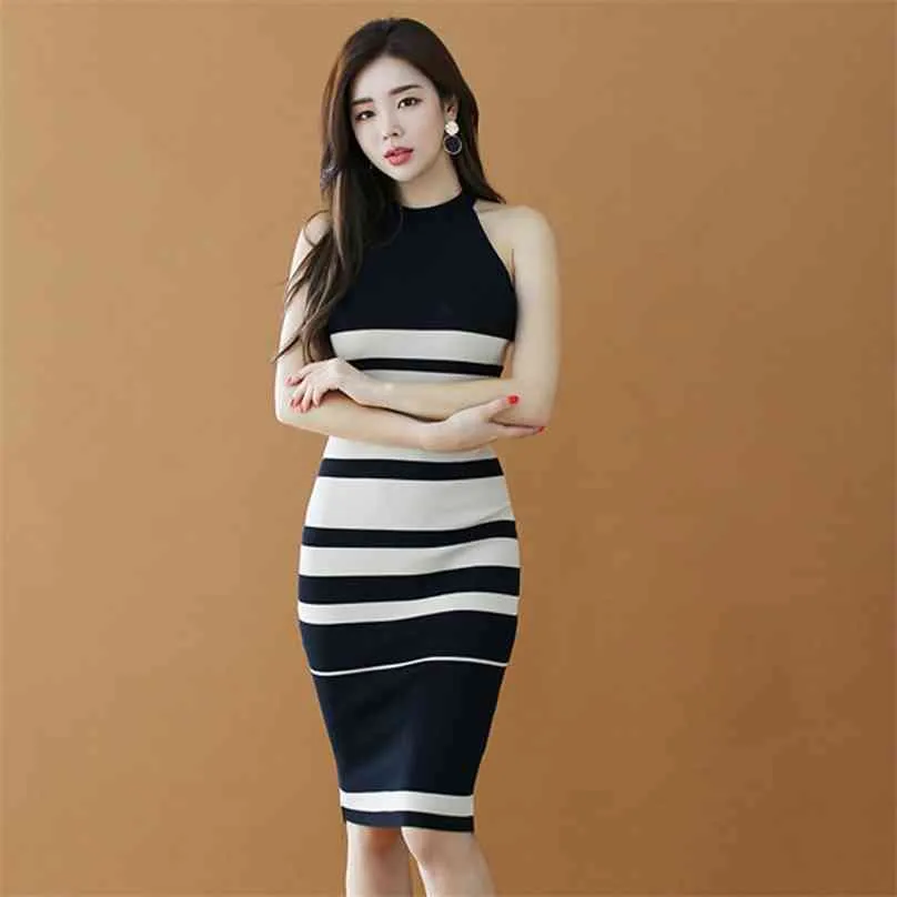 Stripe dress Korean ladies Summer Sleeveless bodycon sheath party Sexy Nigh club Midi Dresses sundress for women 210602
