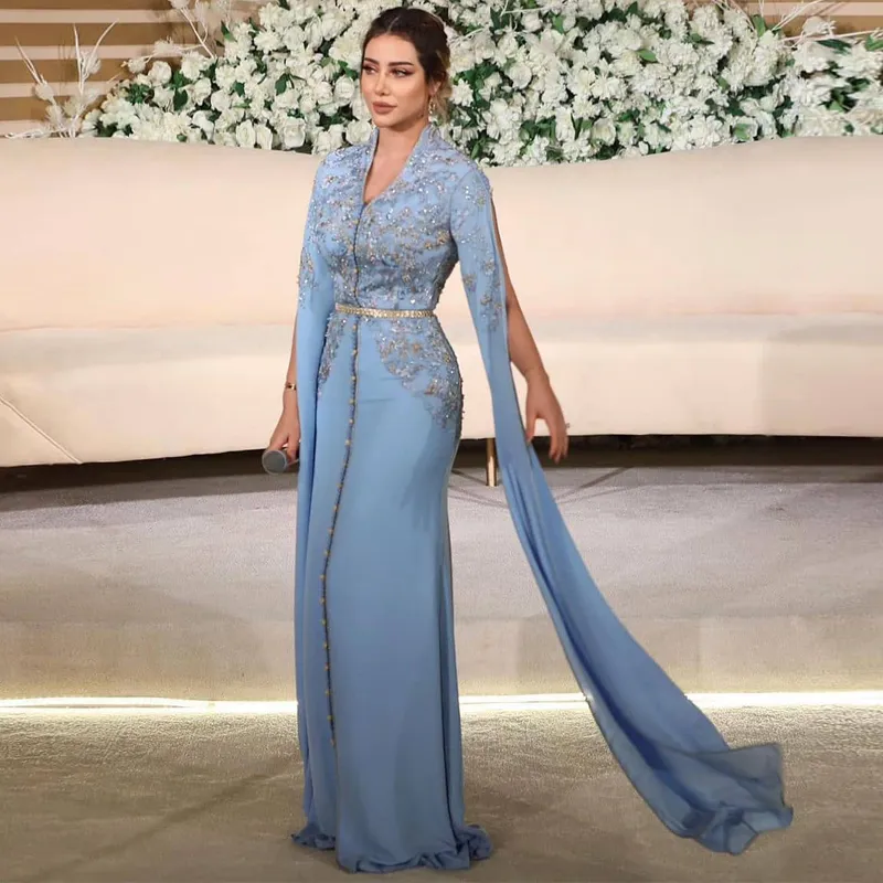 Caftan marocain bleu clair mère de la mariée robes col en V gaine robes de mariage musulman élégant arabe Dubaï robe formelle