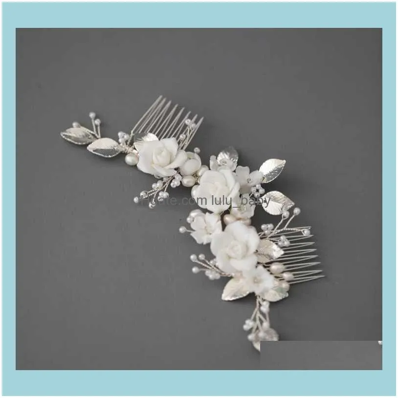 Silver Color Bridal Comb Crown White Porcelain Flower Wedding Headpiece Pearls Jewelry Hand wired Women Hair Ornament