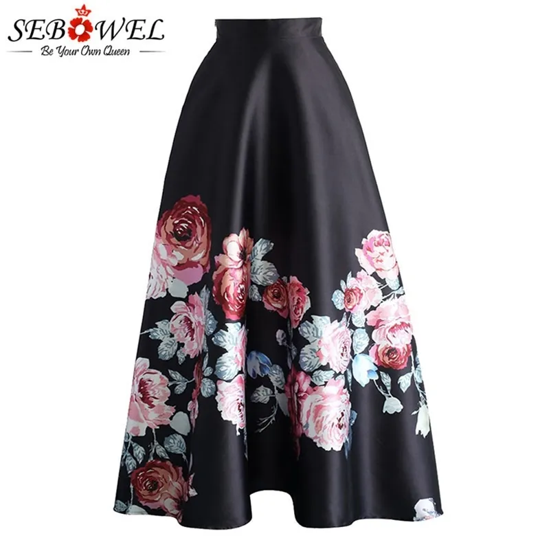 Seowowel Floral Print Высокая талия Maxi юбка женщины элегантные дамы длинные цветы плиссированные винтажные юбки новый стиль женские юбки 210202