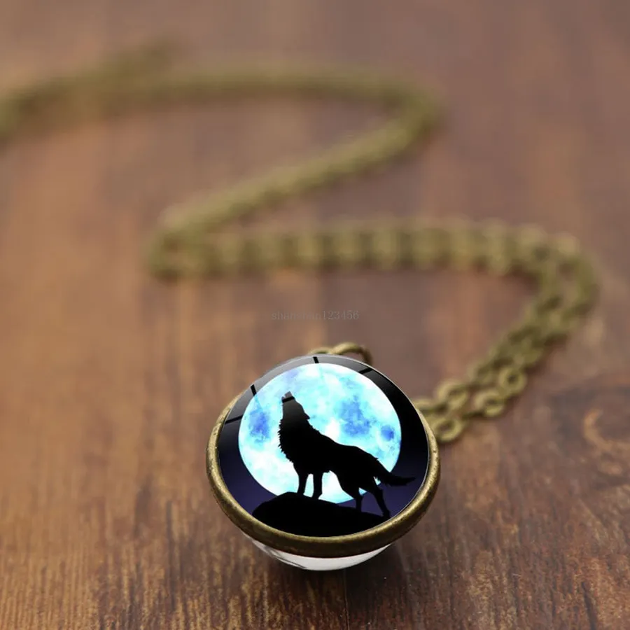 Collier avec pendentif boule de verre Double face, pierres précieuses, loup hurlant, lune, chaînes en Bronze argenté, bijoux à la mode