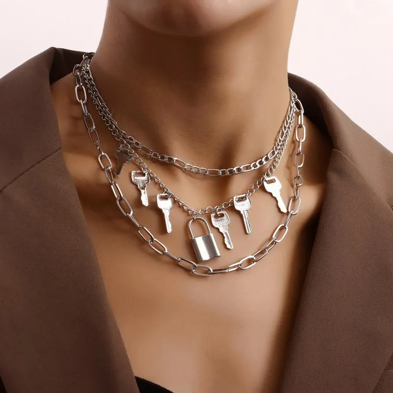 Chokers Vintage Punk Multilayer Metal Charker Lock Chain Chain Chain para mulheres Hip Hop Silver Color Collar Party Fashion Jewelry Gift