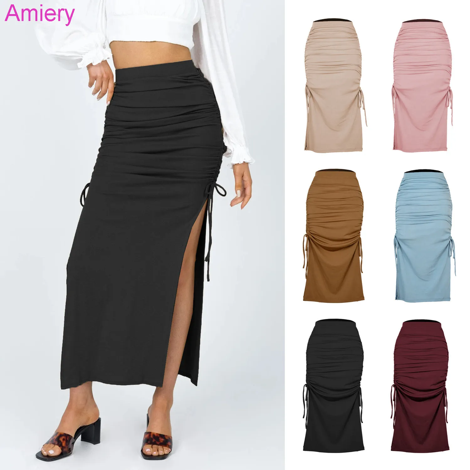 Womens Split Knitted Slim Skirt Fashion Pleated Lace Up Sexy Hip Long Skirts Autumn And Spring Clothes 6 Colors