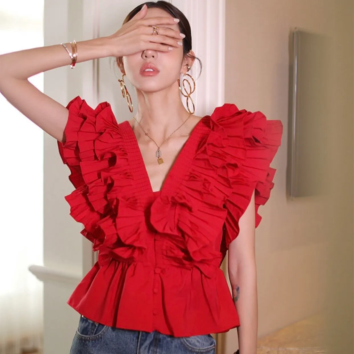 Summer Design women v-neck ruffles patchwork slim waist sleeveless blouse shirt tops plus size SML
