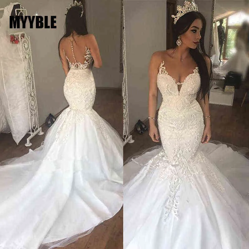 Myyble Arap Gelin Elbiseleri Aplikler Uzun Tren Mermaid Robe De Mairee Özel Sheer Boyun Çizgisi Gelinlik Bej Gelinlikler H0105