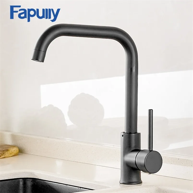 Fapully Robinet de cuisine 360 Rotation Noir Mitigeur pour cuisine Design en caoutchouc et grue montée sur pont froid pour éviers AEF0012 211108