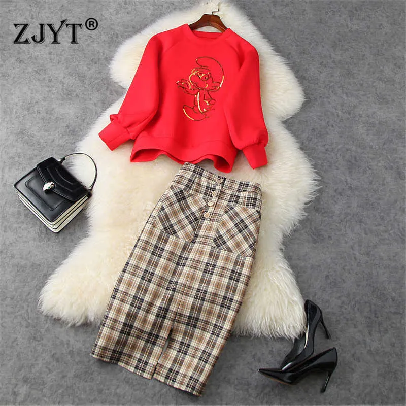 High Street Fashion Women Long Sleeve Sequined Loose Hoodies Top and Plaid Pencil Skirt Suit Set Casual Office Lady Twinset 210601