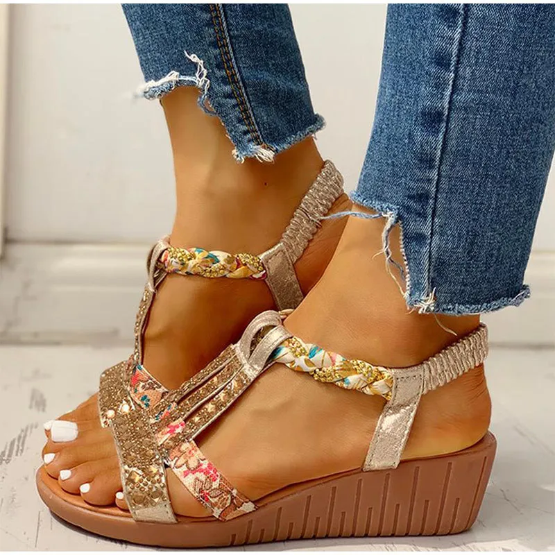 Women's Sandals Summer Bohemia Platform Wedges Shoes Crystal Gladiator Rome Woman Beach Shoes Casual Elastic Band Female K731