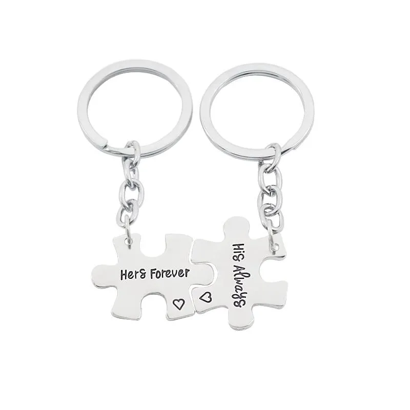 Keychains 2 Piece Set / Fashion Geometric Irregular Puzzle Keychain He Will Always And Her Forever BFF Key Chain Friendship Jewelry Gift