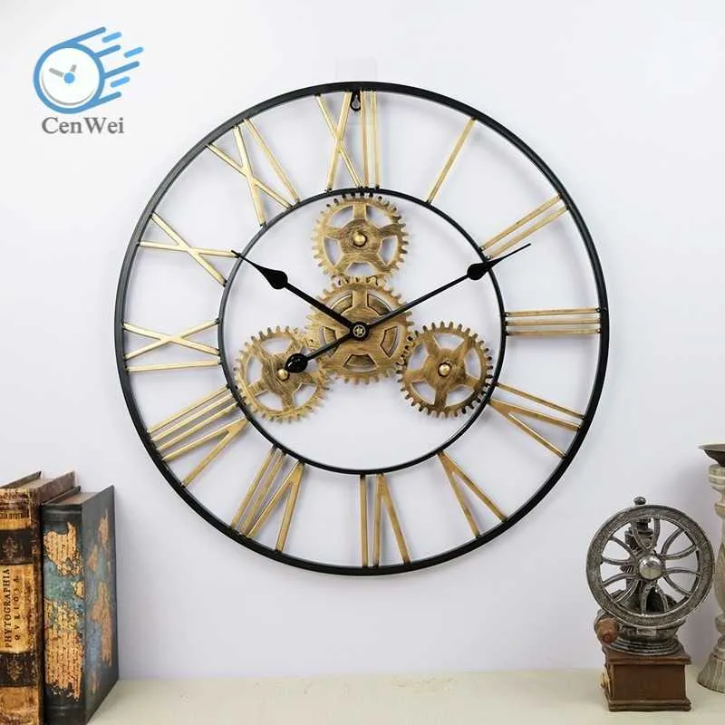 Grande orologio da parete vintage rustico decorativo di lusso Art Big Gear orologio da parete oversize fatto a mano 3D retrò per ufficio Home Decor X0726