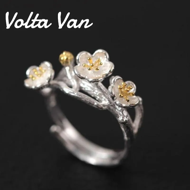 VOLTA VAN 925スターリングシルバービンテージファインジュエリー2021エレガントな梅の花の調節可能な簡潔な手作り開口リング