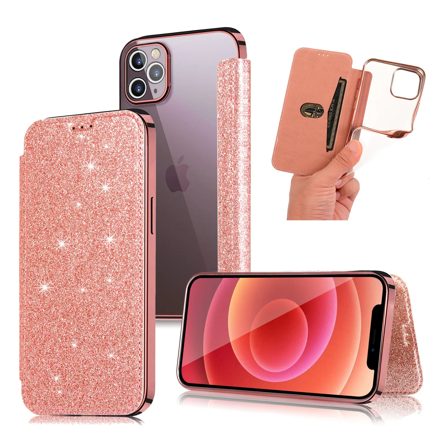 Custodie a portafoglio elettrolitico glitterato con slot per schede per iPhone 13 Pro Max 12 Mini 11 XR 8 Plus Samsung S8 S9 S10 S20 S21 Ultra Note 20 Cover posteriore trasparente