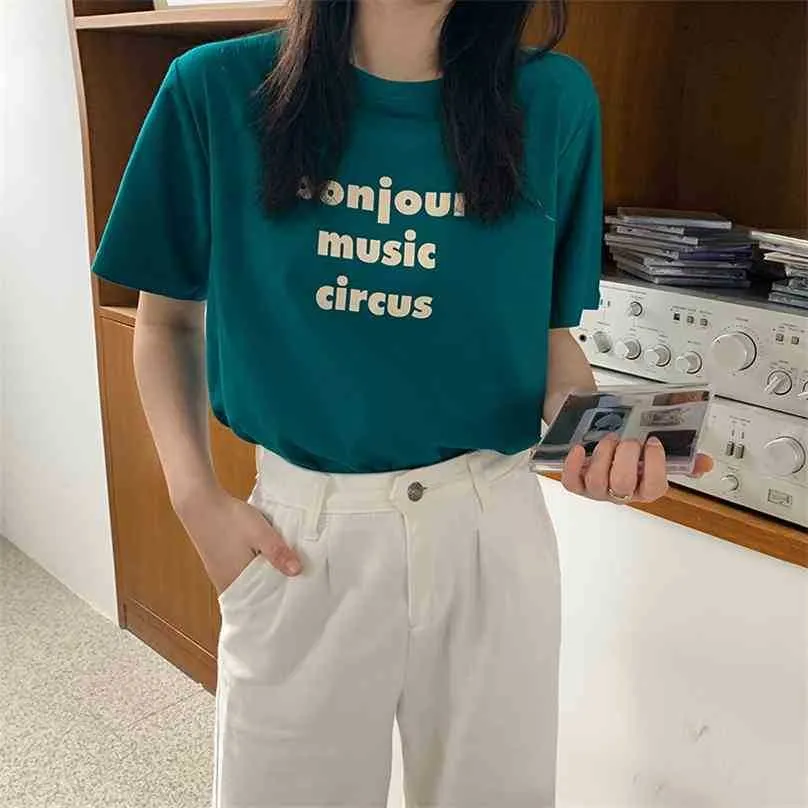 Sommer schlanke Buchstaben gedruckt kurze Ärmel kurze koreanische lose alle Match Mädchen Mode hohe Taille T-Shirts 210525
