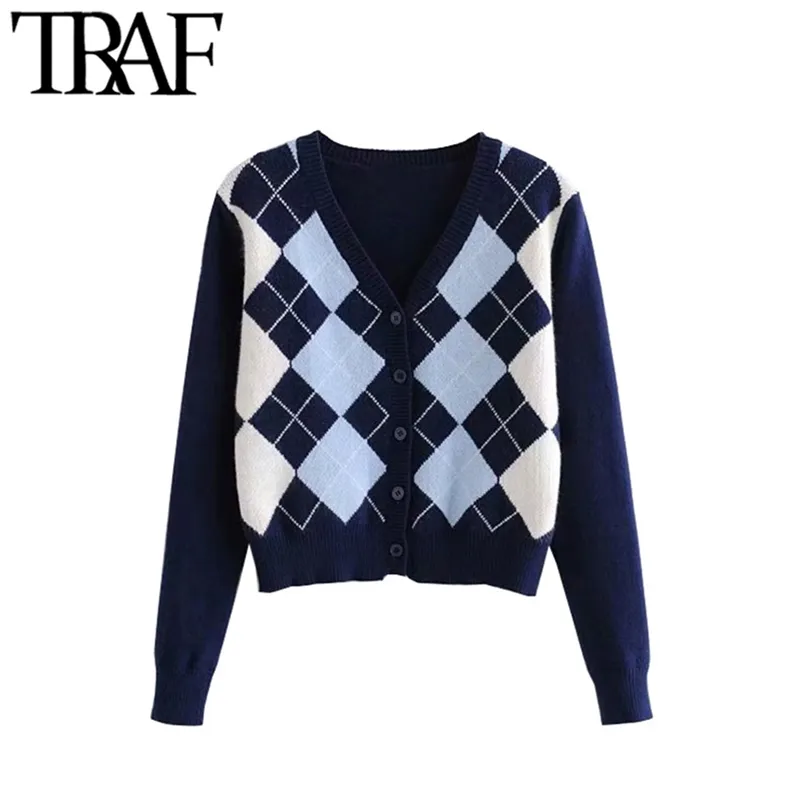 TAF Women Cardigan Vintage Stylowe Wzór Geometryczny Krótki Trykotowy Sweter Moda Z Długim Rękawem Anglia Style Odzież Odzieży Chaqueta 210810