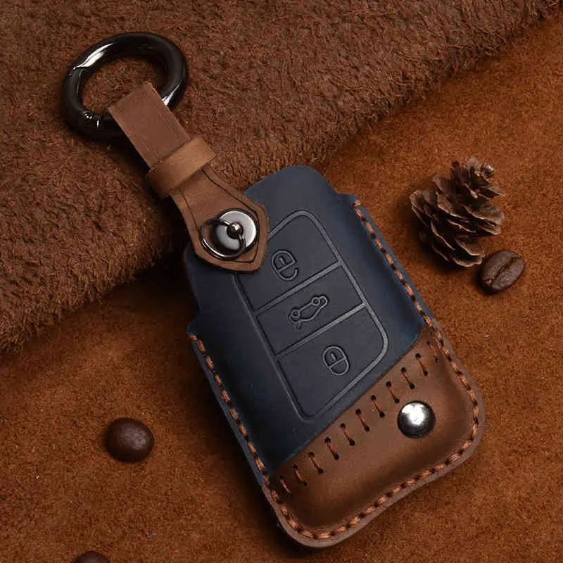Crazy Horse Leather Car Key Case för VW TAYRON Lavida Sagitar Tiguan Magotan Passat Smart Remote Cover Tillbehör