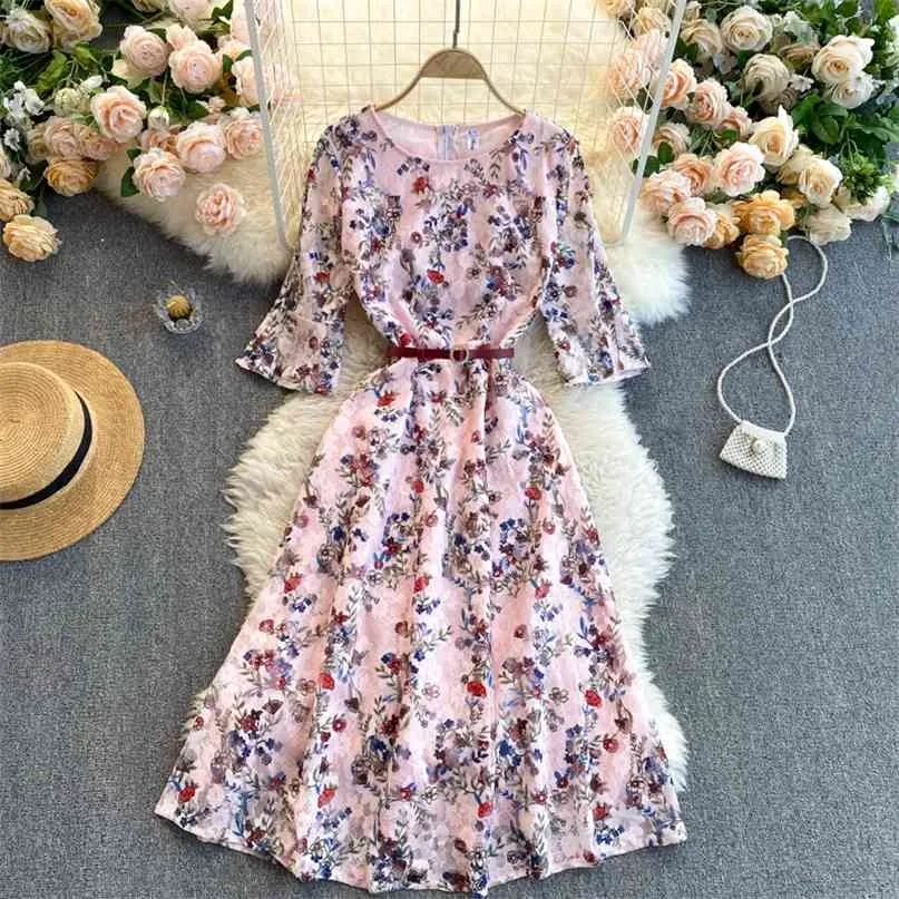 ファッション女性エレガントなレースの花ラウンドカラー薄型Aラインドレスプリント服ヴィンテージVestidos R252 210527