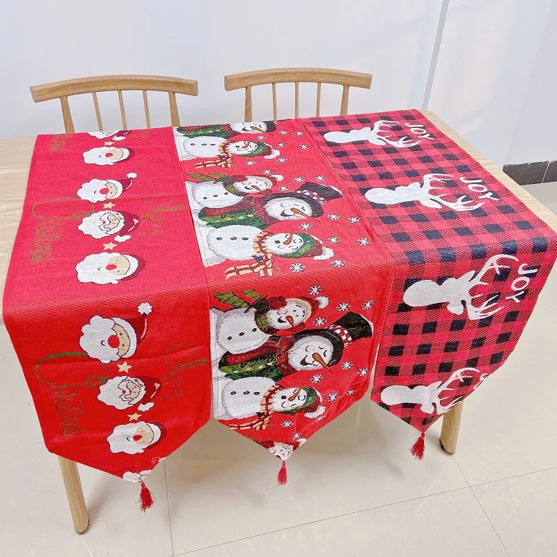 Christmas Table Runner Embroidered Tapestry with Tassels Santa Linen for Wedding Banquet Party Home Decoration Tablecloth 33*180cm/13*71 inch