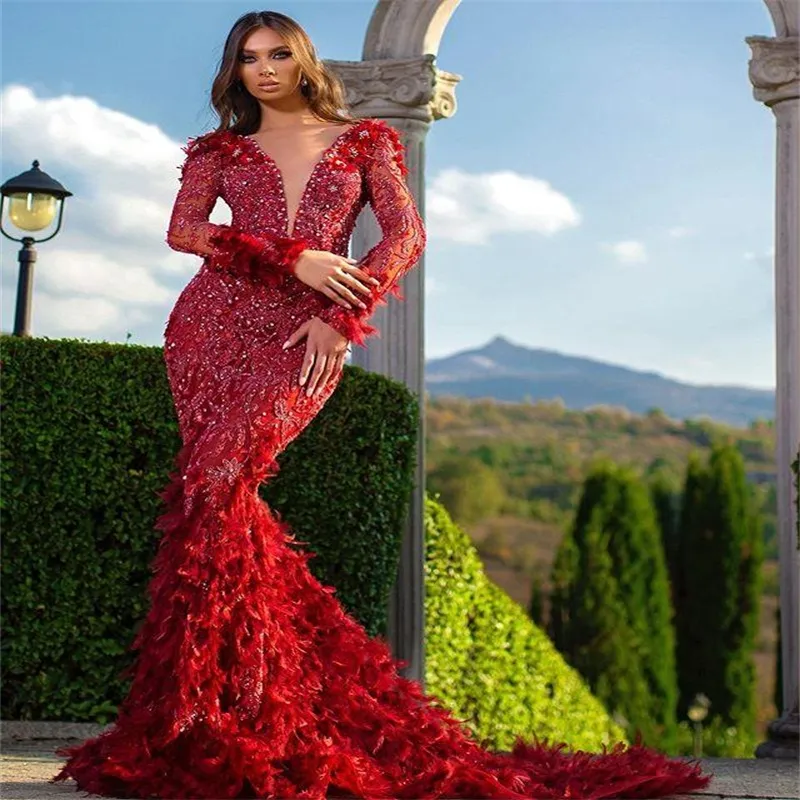 Luxury Red Mermaid Evening Dresses V Neck Beaded Feather Long Sleeves Prom Dress Ruffle Open Back Sweep Train Formal Party Gown318O