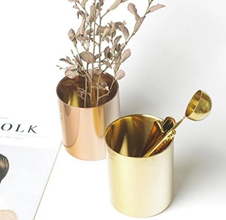 400ml Nordic style brass gold vase Stainless Steel Cylinder Pen Holder for Desk Organizers and Stand Multi Use Pencil Pot Holder Cup contain