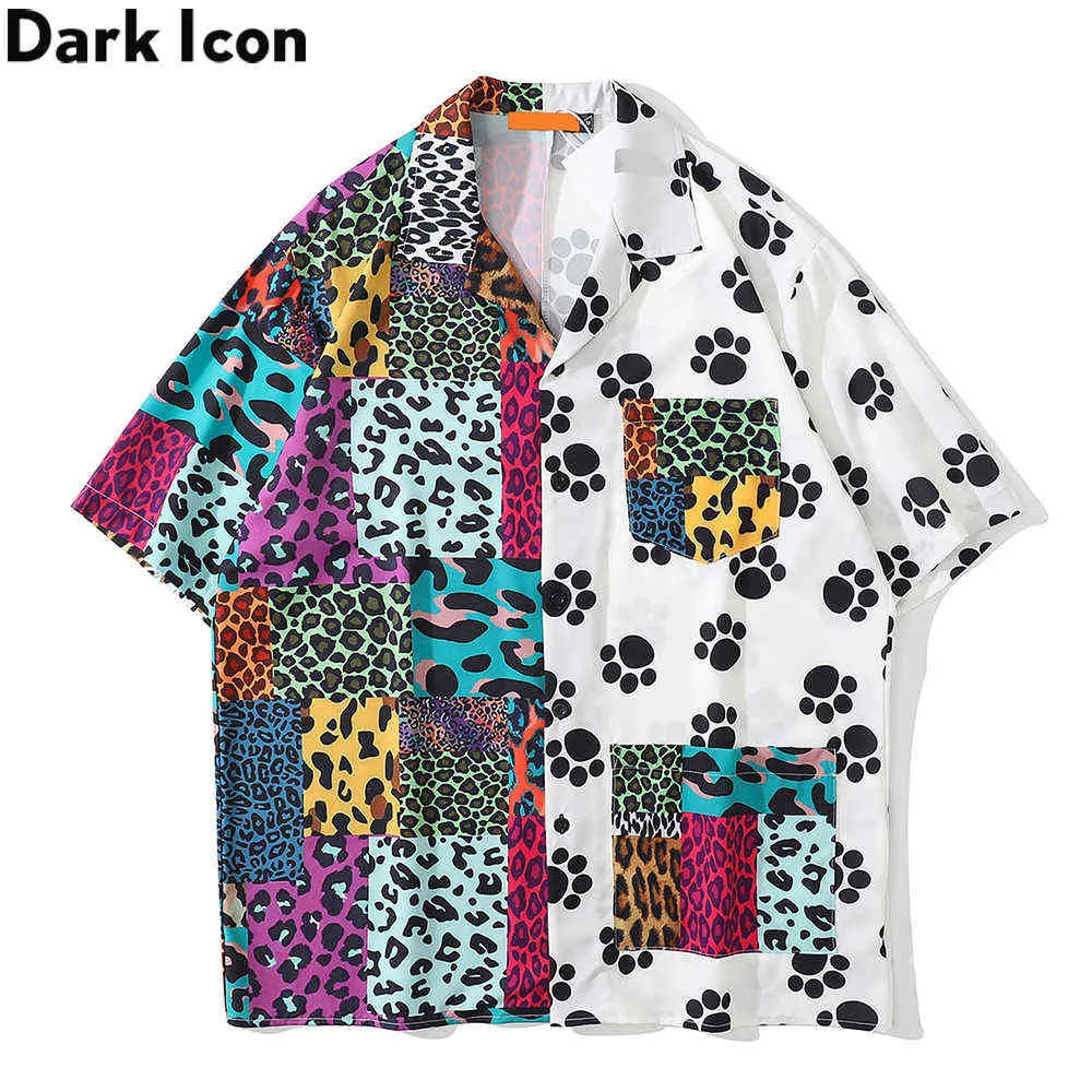 Camicia hawaiana patchwork leopardata da uomo con taschino frontale, polo da uomo, camicie da strada vintage da uomo 210603