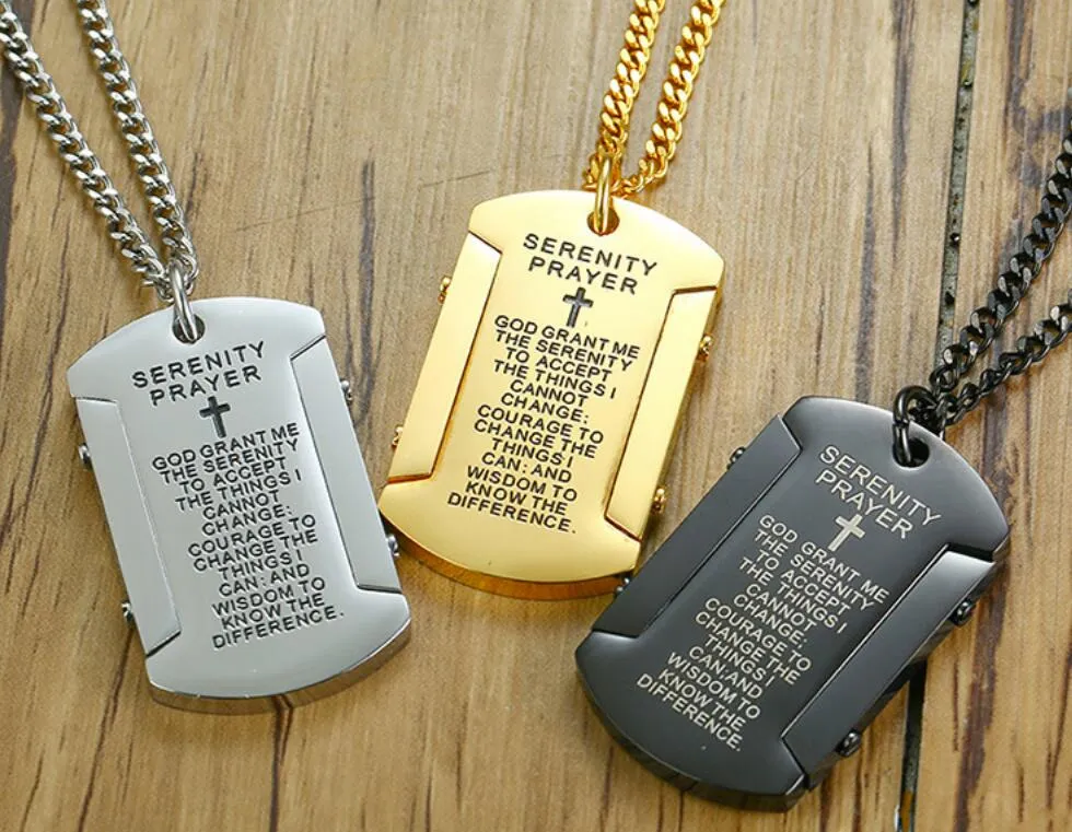 Stainless Steel Bible Verse Dog Tag Card Pendant for Men Women Religious Lord's Prayer Necklace Chain 24'' Silver Gold Black