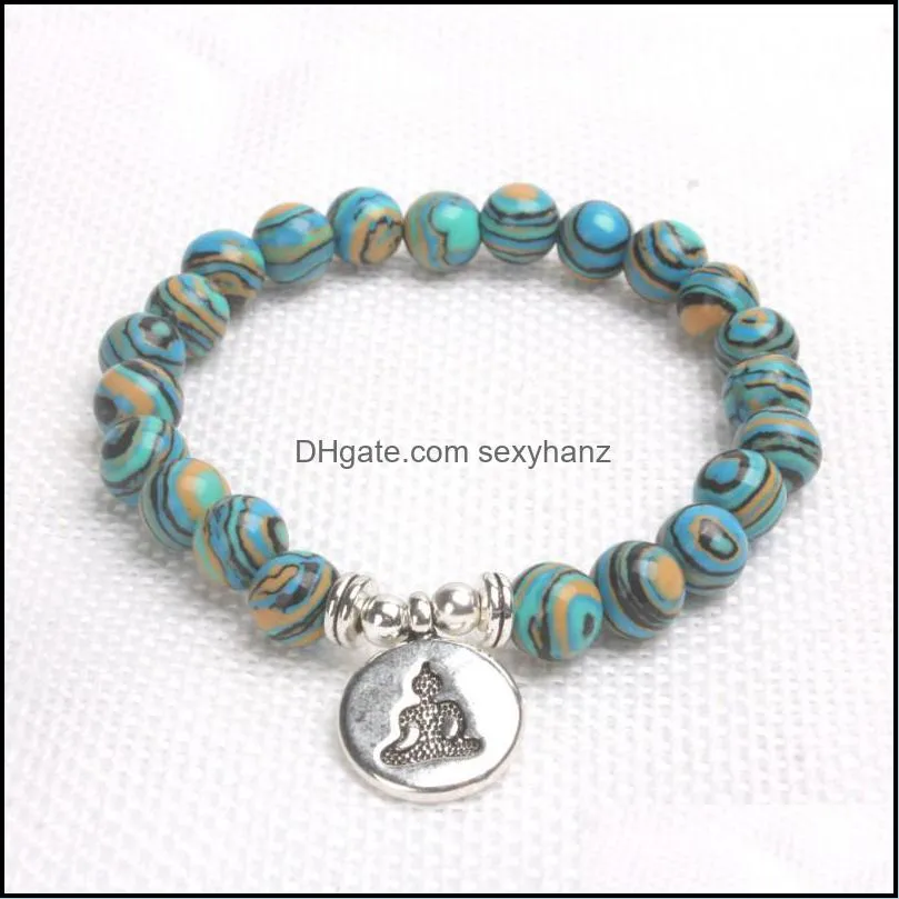 Women & Men Meditation Buddha Charm Blue Zebra Stone Beads Elastic Beaded Strand Bracelets Throat Chakra Spiritual Retro Bracel Beaded,