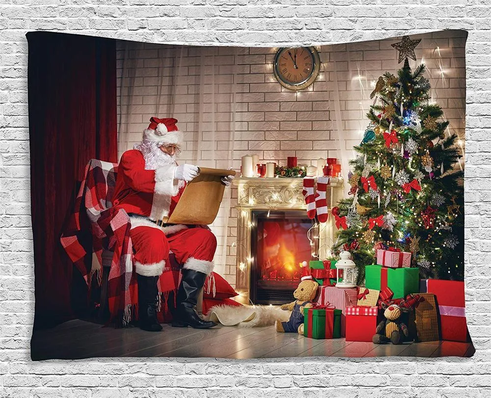 Arazzo di Babbo Natale Vecchio Babbo Natale seduto a casa la notte di Natale che legge una lettera vicino all'albero Appeso a parete larga per camera da letto 210310