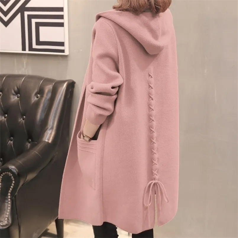 Plus Size Women's Hooded Cardigan Coat Höst Vinter Koreanska Lösa Tjockad Varm Lady Midlängd Stickade Toppar 5XL Pull Femme 211103