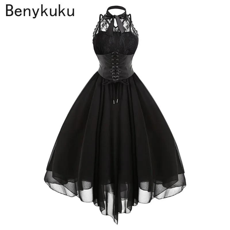 Casual Dresses Gothic Punk Vintage Party Kvinnor Svart Ärmlös Kors Back Retro Lace Panel Corset Swing Dress Robe Femme 2021 Vestidos