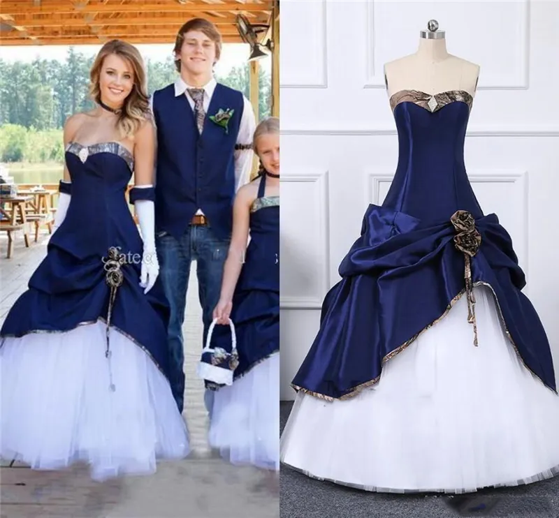 Vintage Camo Cowboy navy dress for wedding with Sweetheart Neckline, Pleated Corset Back, and Floor-Length Hemline - Perfect for Garden or Country Vintage Camo Cowboy navy dress for wedding with Sweetheart Neckline, Pleated Corset Back, and Floor-Length Hemline - Perfect for Garden or Country