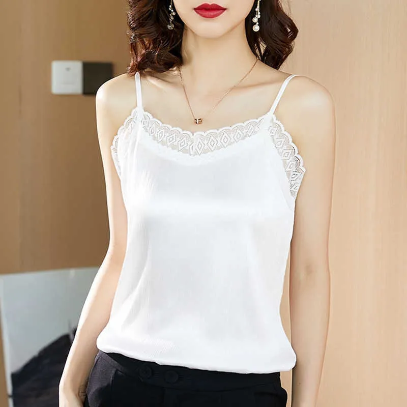 Mujeres coreanas tops blusas de gasa para mujer blanca sin mangas camisas de encaje con cuello en v más tamaño 210604
