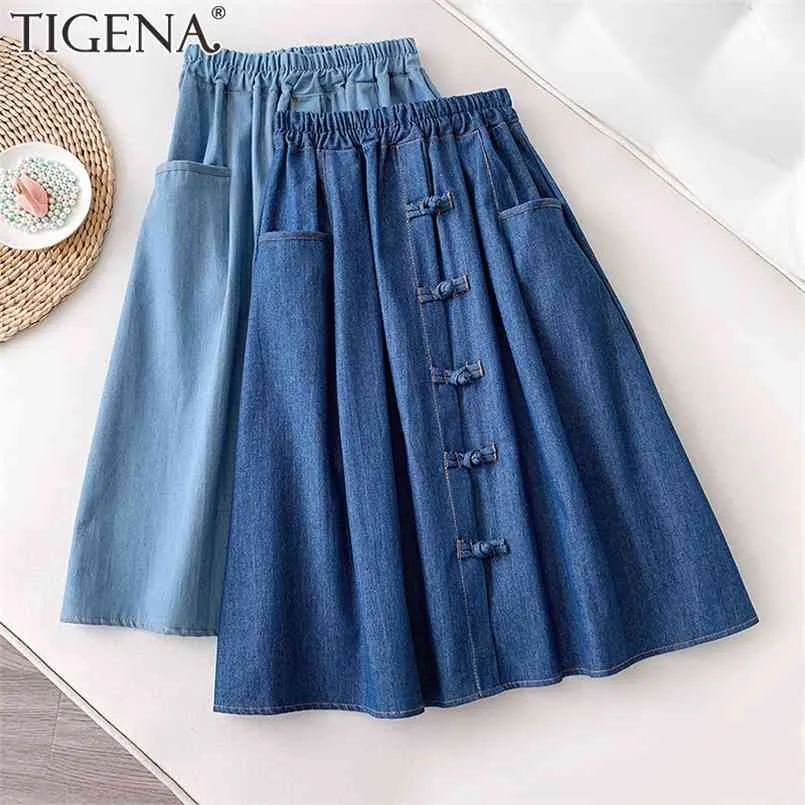 TIGENA Vintage Denim Midi Skirt Women Spring Summer A Line HIgh Waist Knee Length Jeans Female with Pocket School 210708