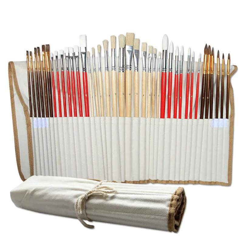 38 stks / set Nylon Haar Bristle Kunstenaar Paint Borstels met Canvas Case Houten kunstbenodigdheden voor Oil Acryl Aquarel Schilderen