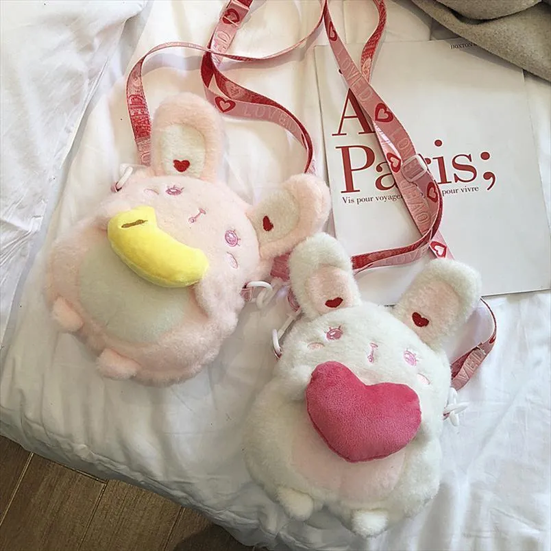 도매 귀여운 봉제 인형 토끼 메신저 가방 소녀 전화 지갑 주최자 크로스 바디 어깨 가방 2020 가을 겨울 모피 가방 여성을위한