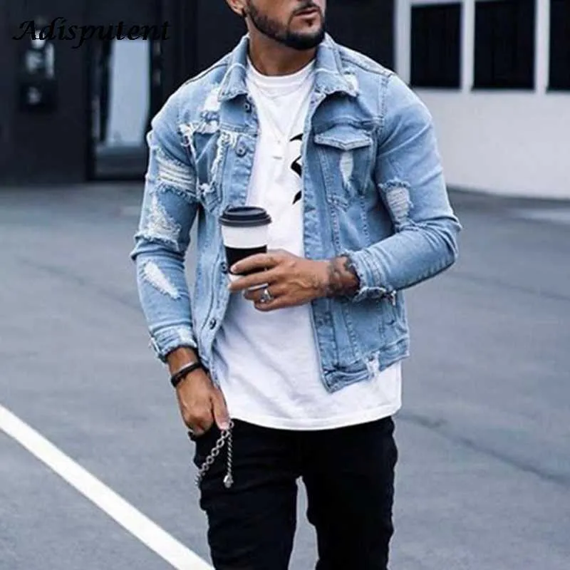 Adisputent Männer Jeans Mantel 2021 Herbst männer Jacke Mode Lässig Denim Jacke Männer Plus größe Blau Farbe Revers Zerrissene jean Jacke X0710