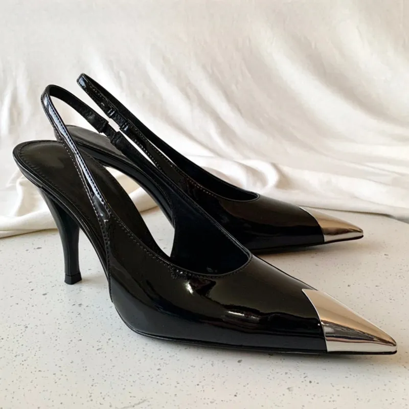 Summer Home Metal Closed Toe Shoes High Heels Pumps Ankle T Strap Tassels Sandals Female Brand Designer Temperament chain luxury Pointed Mid Heel