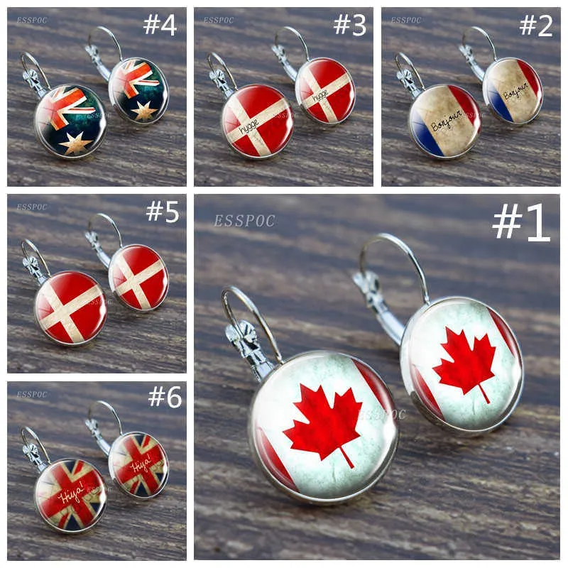 Amerikanska flaggan örhängen glas cabochon danska Kanada Nederländerna fransk brittisk krok örhängen flagga smycken örhänge 2st / set Q0709