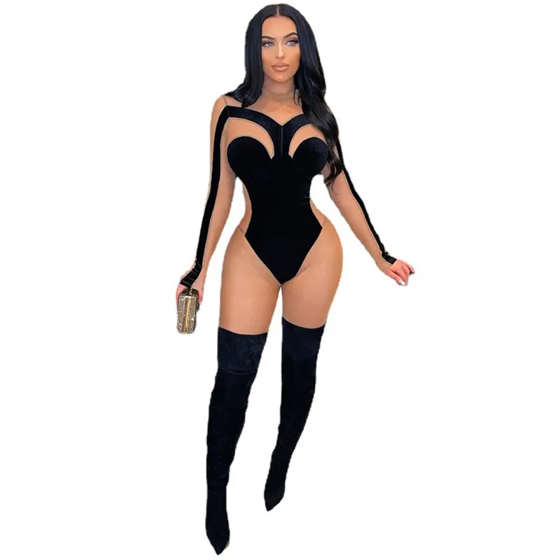 Jesień zimowe aksamitne kombinezony kobiety Velor siatka rompers długie rękawy Skoczniki Sheer Casual Bodycon Bodysuit Nocny klub noszenia pozycje 6922