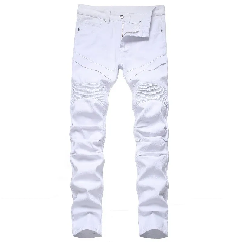 Herrcyklist jeans svart vit veckade denim byxor plus storlek smal rak klassiska byxor277n