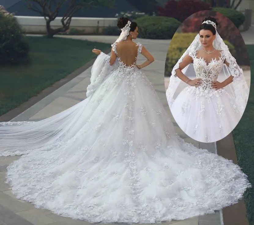 2021 فاخر الأميرة الكرة ثوب الزفاف فساتين vestido de noiva de renda ثلاثية الأبعاد الأزهار الدانتيل زين القطار الملكي زي العرائس العربية عارية الذراعين