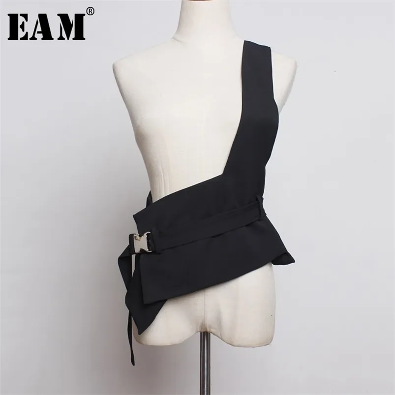 [EAM] Femmes Loose Fit Noir Asymétrique Split Joint Bandage Gilet Sans Manches Mode Printemps Automne 1H975 210909