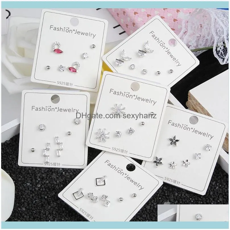 31 Styles 3 Pairs/set 925 Stamp Silver Cubic Zirconia Heart Bowknot Stud Earring Set for Women Girls Jewelry Valentine`s Day