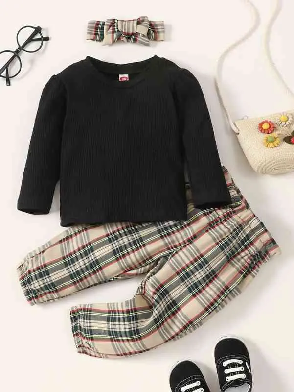 T-shirt à manches bouffantes pour bébé Sac en papier tartan Pantalon taille avec bandeau ELLE