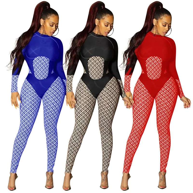 Kobiety Patchwork Drukuj Bodycon Pajacyki Moda Trend Z Długim Rękawem Szczupła Bielizna One Piece Kombinezon Designer Kobiet Wysoka Talia Casual Body