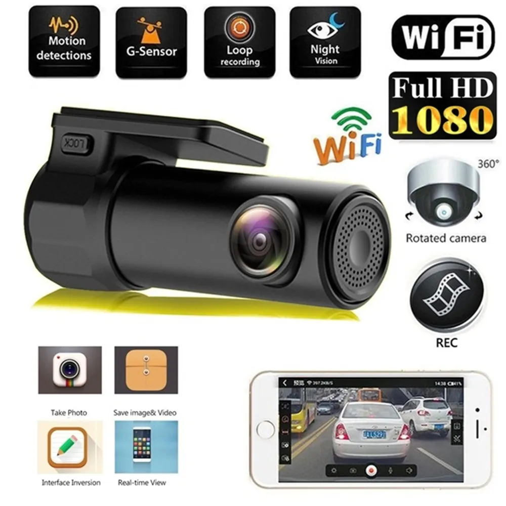 1080p Smart WiFi Car DVR Mini Dash Cam 140 degrés Version de nuit Full HD Caméra cachée avec écran de parking de 24 heures de g-Sensor